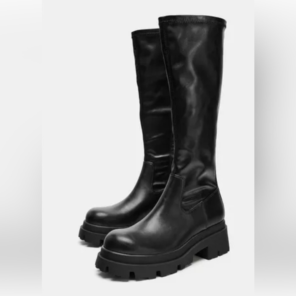 Zara combat boot Black Knee-High Platform Boots Sz 8